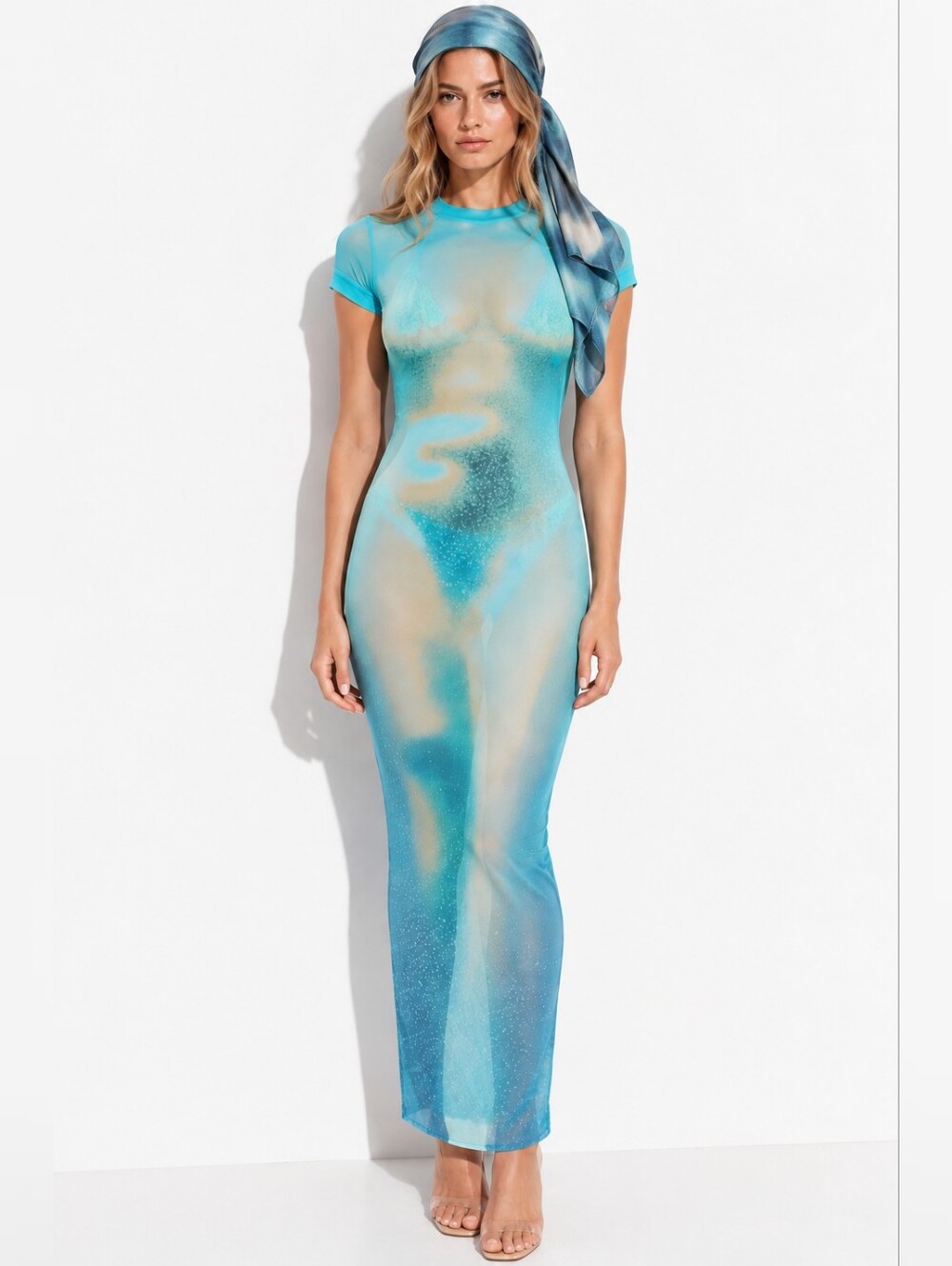 SKIMS Sheer Aqua Blue Maxi Swim Cover-Up Dress XS + Matching Satin Scarf